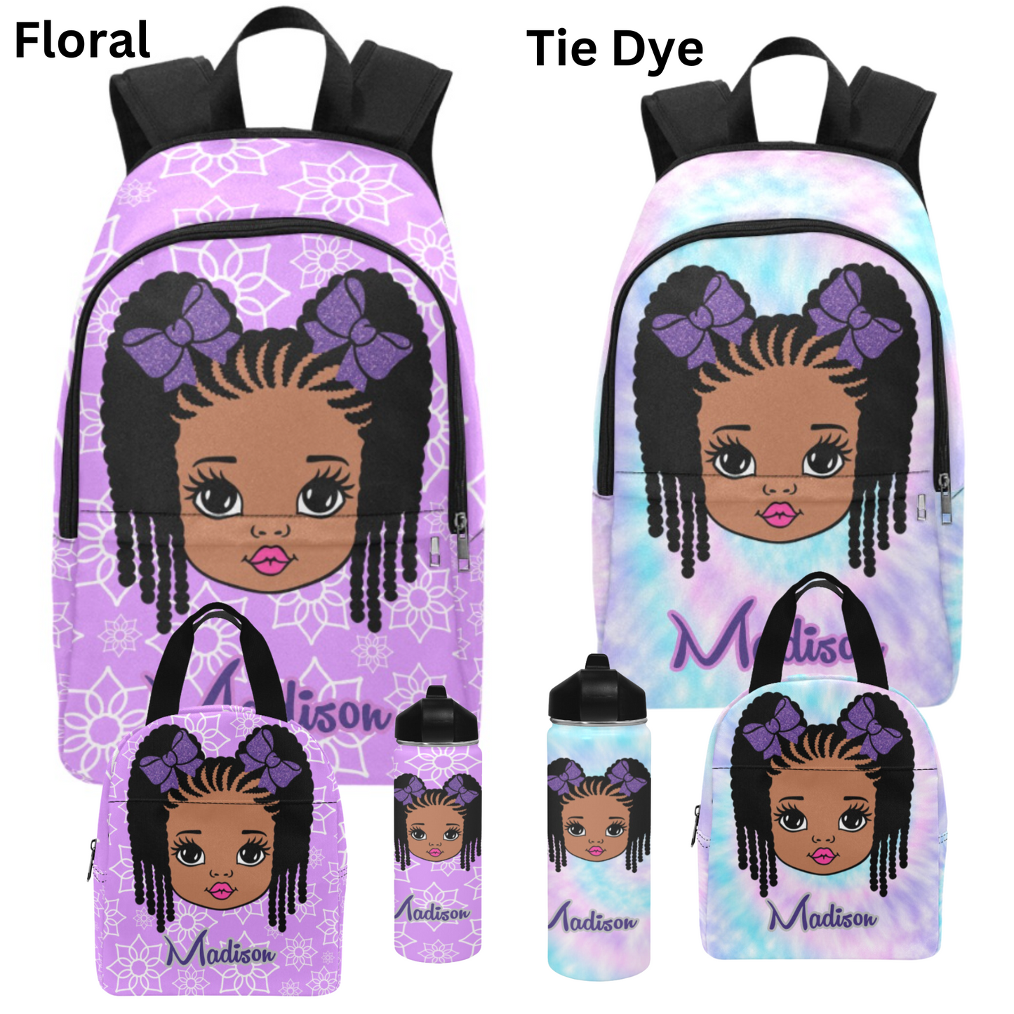 Personalized Black girl Backpack Set/ Purple Backpacks/Braided Hair girl school bags