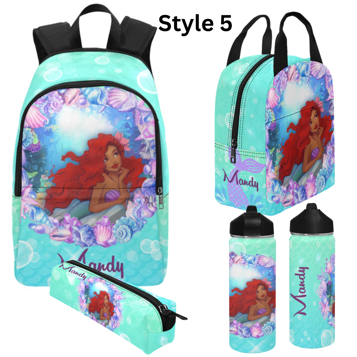 Personalized Mermaid Backpack set, Black Mermaid school bag, Lunch bag, Water bottle, pencil pouch, Black Ariel Backpack, back to school