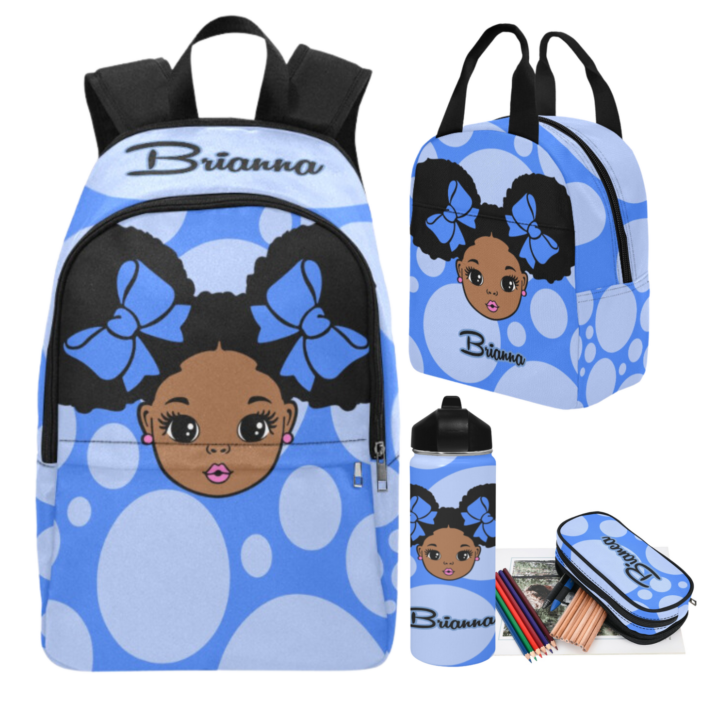 Personalized Black girl Backpack Set/ Puff hair girl school bags/Polka Dot/Big pencil case