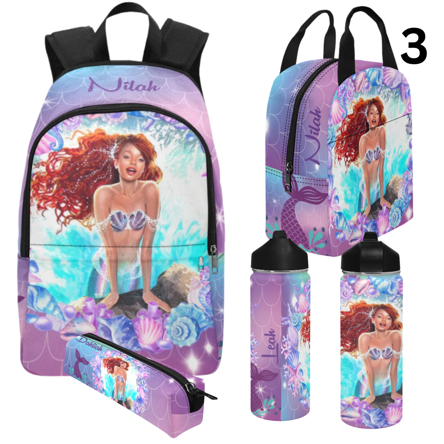 Personalized Mermaid Backpack set, Black Mermaid school bag, Lunch bag, Water bottle, pencil pouch, Black Ariel Backpack, back to school