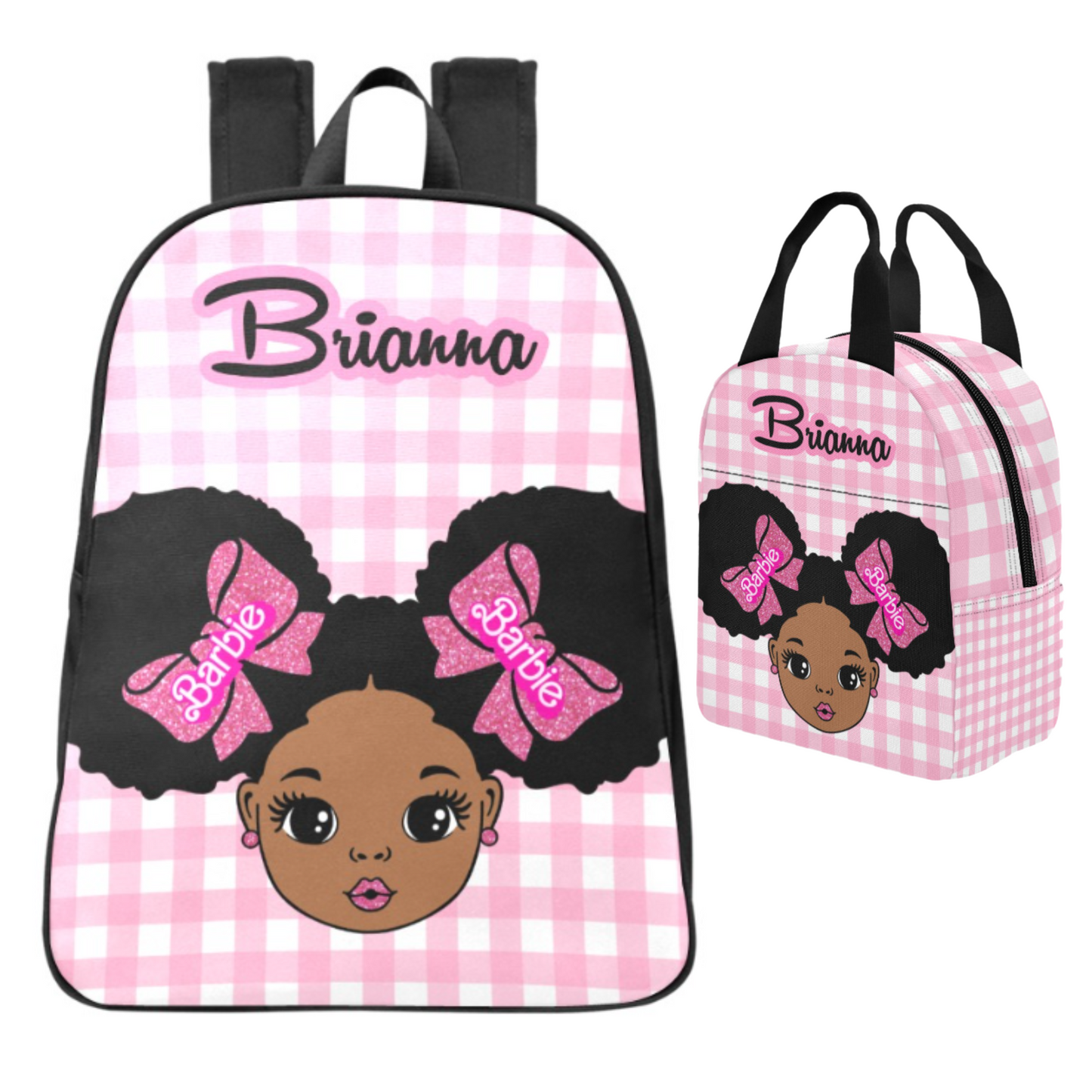 Personalized Pink Backpacks, Black Girl with Puff hair backpack, Lunch bag