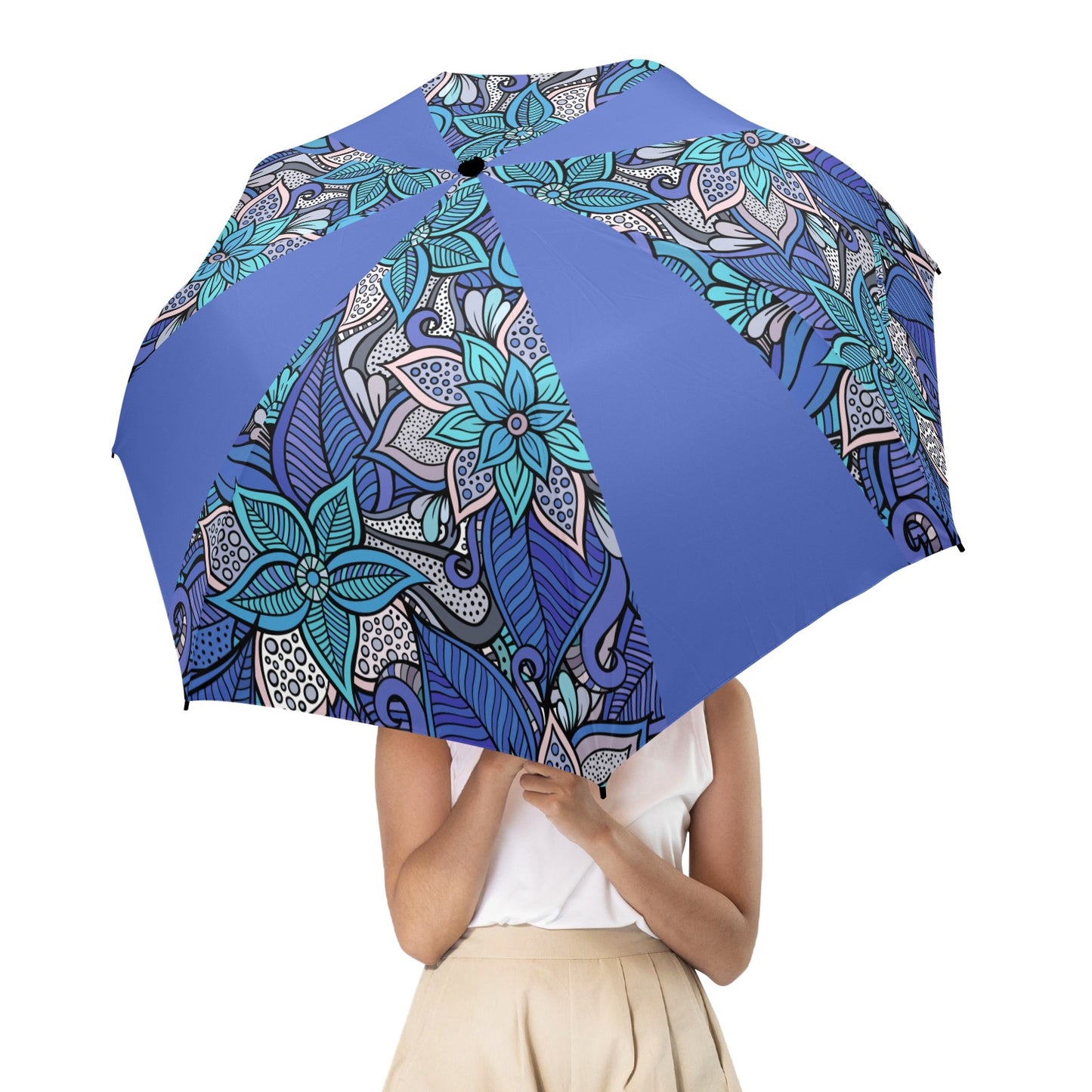 Floral Oriental Blue Semi-Automatic Foldable Umbrella