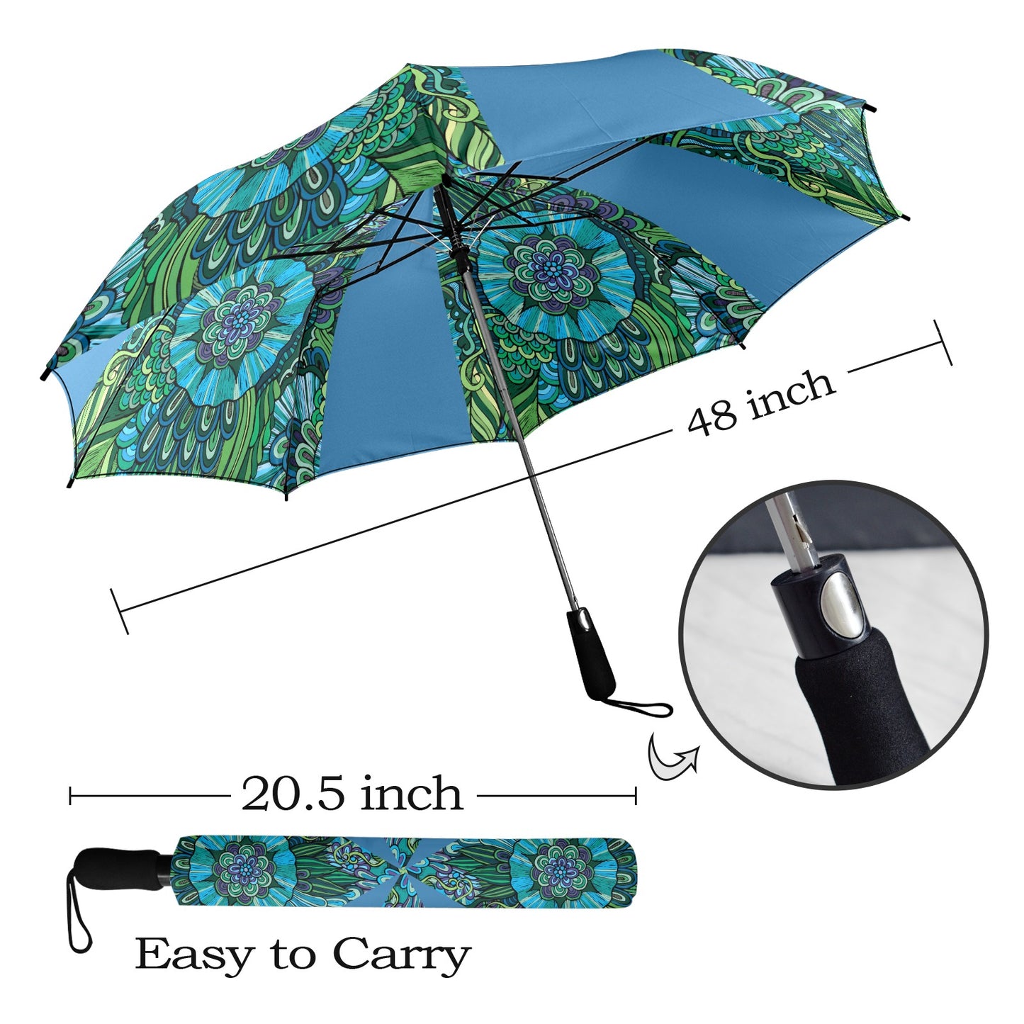 Floral Oriental True Blue Semi-Automatic Foldable Umbrella