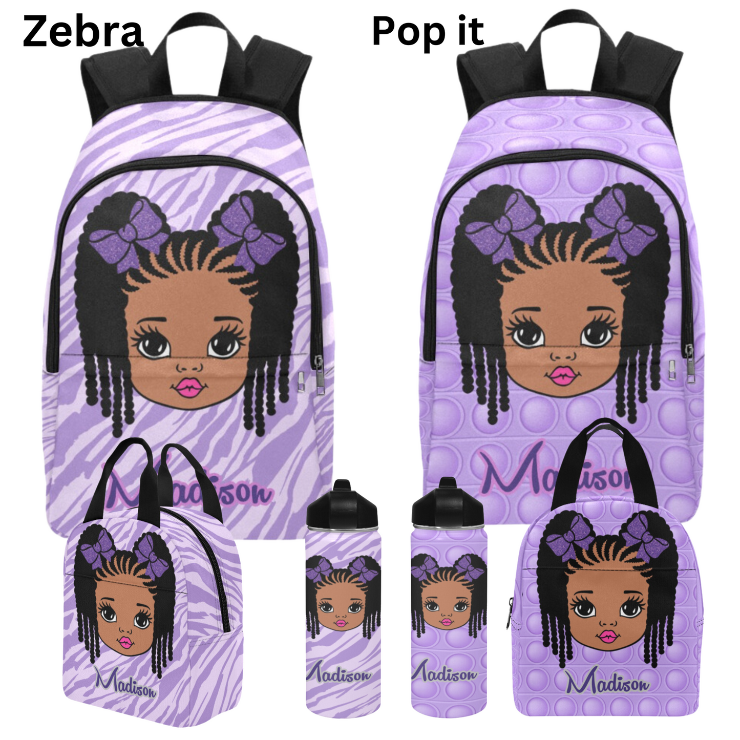 Personalized Black girl Backpack Set/ Purple Backpacks/Braided Hair girl school bags