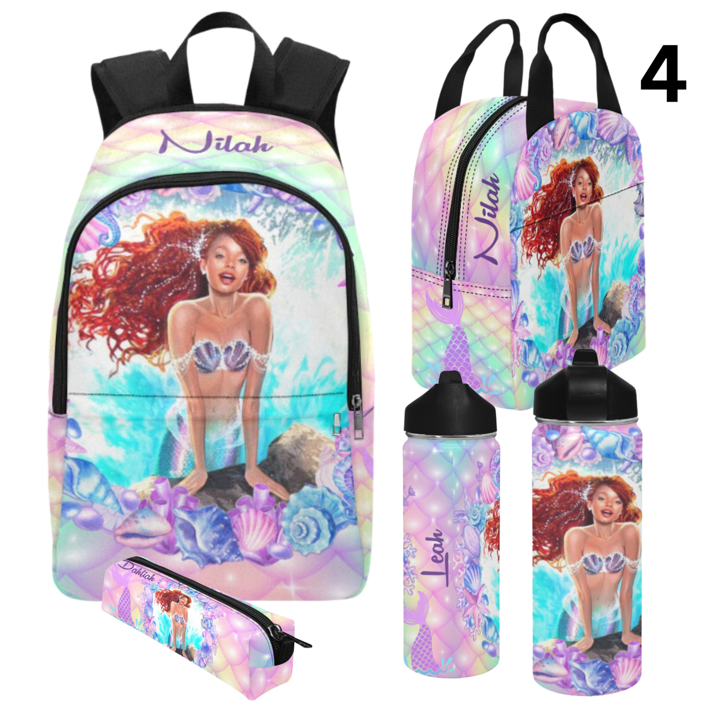 Personalized Mermaid Backpack set, Black Mermaid school bag, Lunch bag, Water bottle, pencil pouch, Black Ariel Backpack, back to school