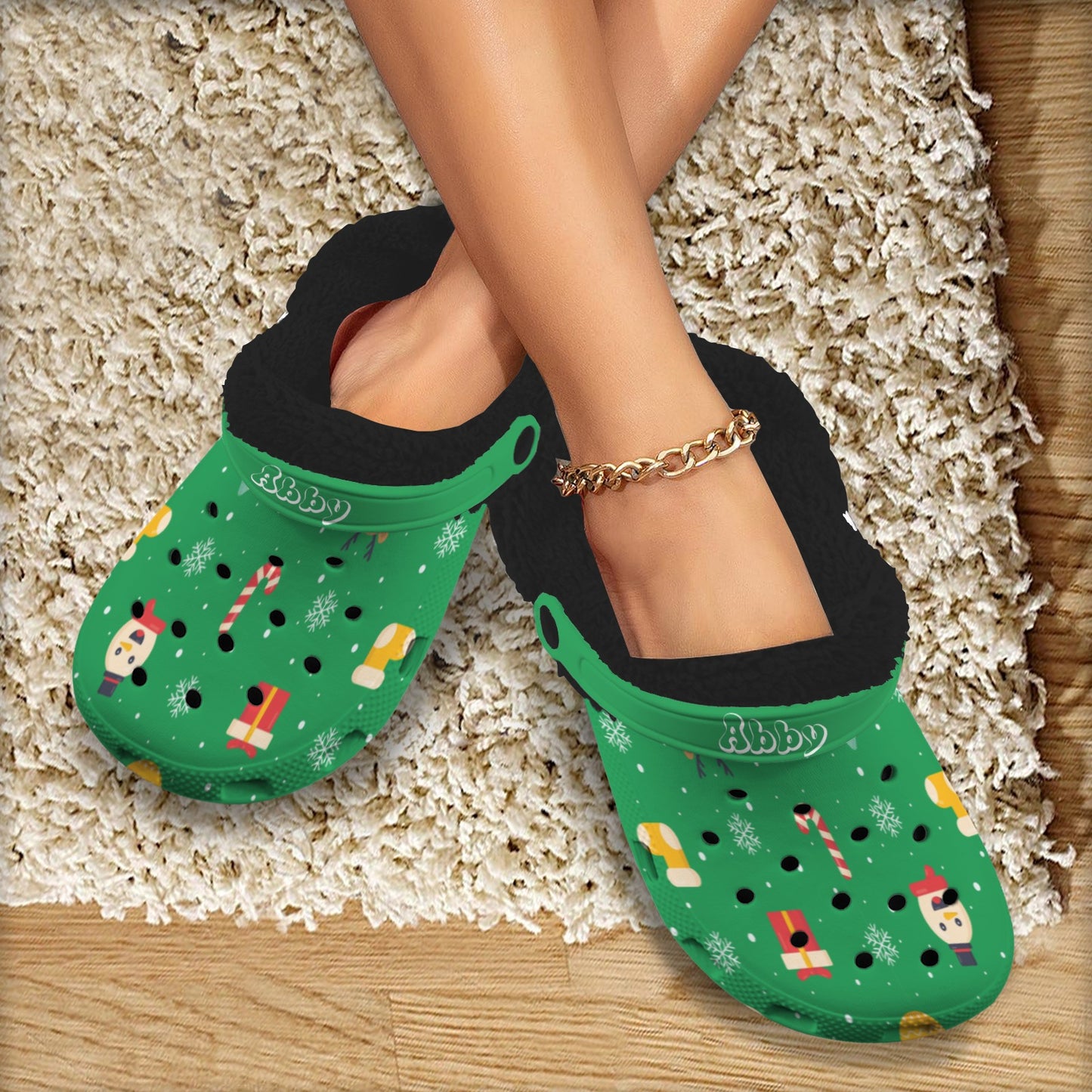 Christmas green- black fleece Fleece Lined Foam Clogs for Adults