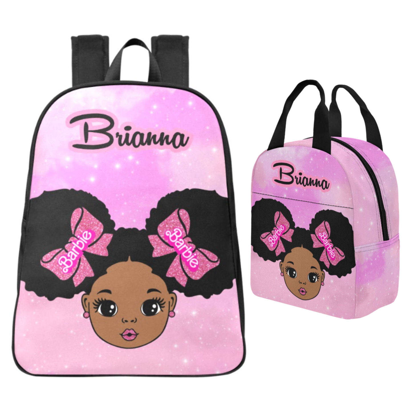 Personalized Pink Backpacks, Black Girl with Puff hair backpack, Lunch bag