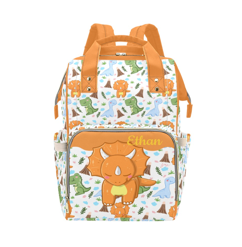 Personalized Orange Dinosaur Diaper Bag Multi-Function Diaper Backpack/Diaper Bag