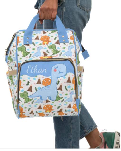 Personalized Blue Dinosaur Diaper Bag Multi-Function Diaper Backpack/Diaper Bag