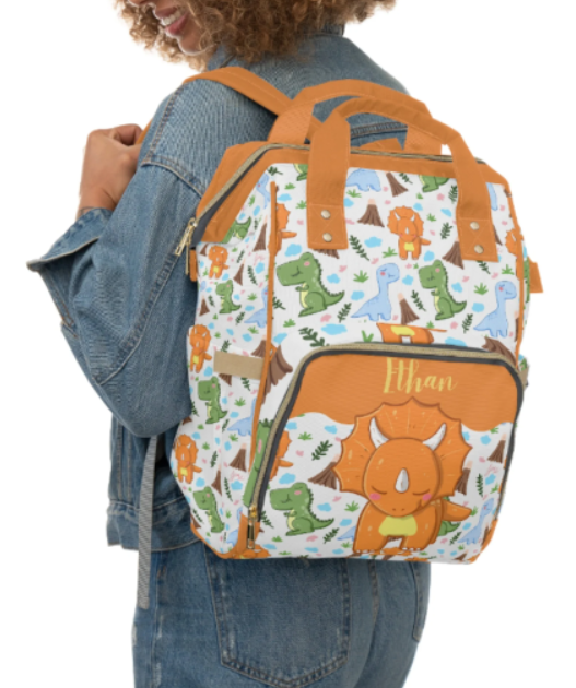 Personalized Orange Dinosaur Diaper Bag Multi-Function Diaper Backpack/Diaper Bag