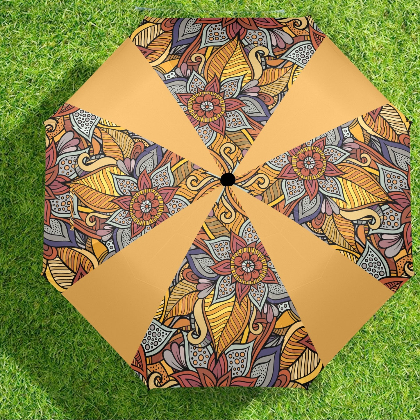 Floral Oriental Orange Semi-Automatic Foldable Umbrella