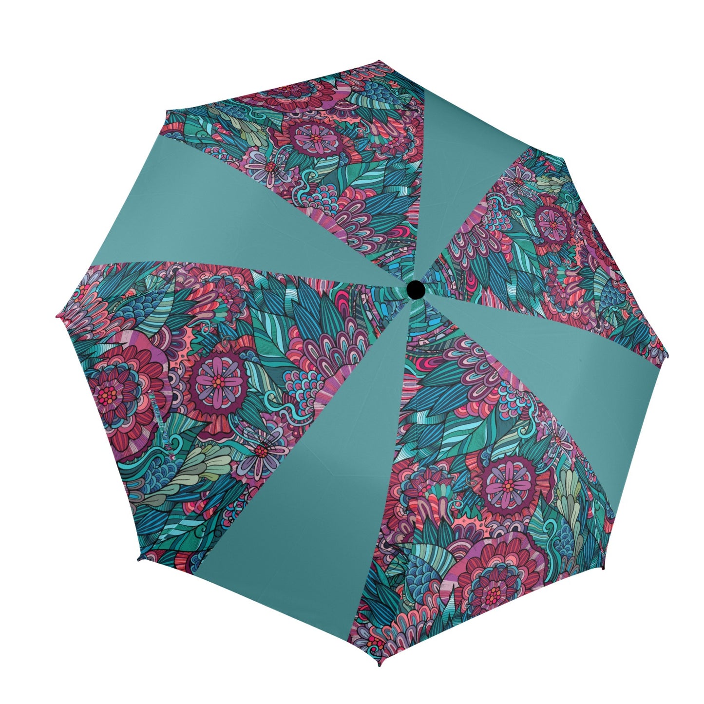 Floral Oriental Teal Semi-Automatic Foldable Umbrella