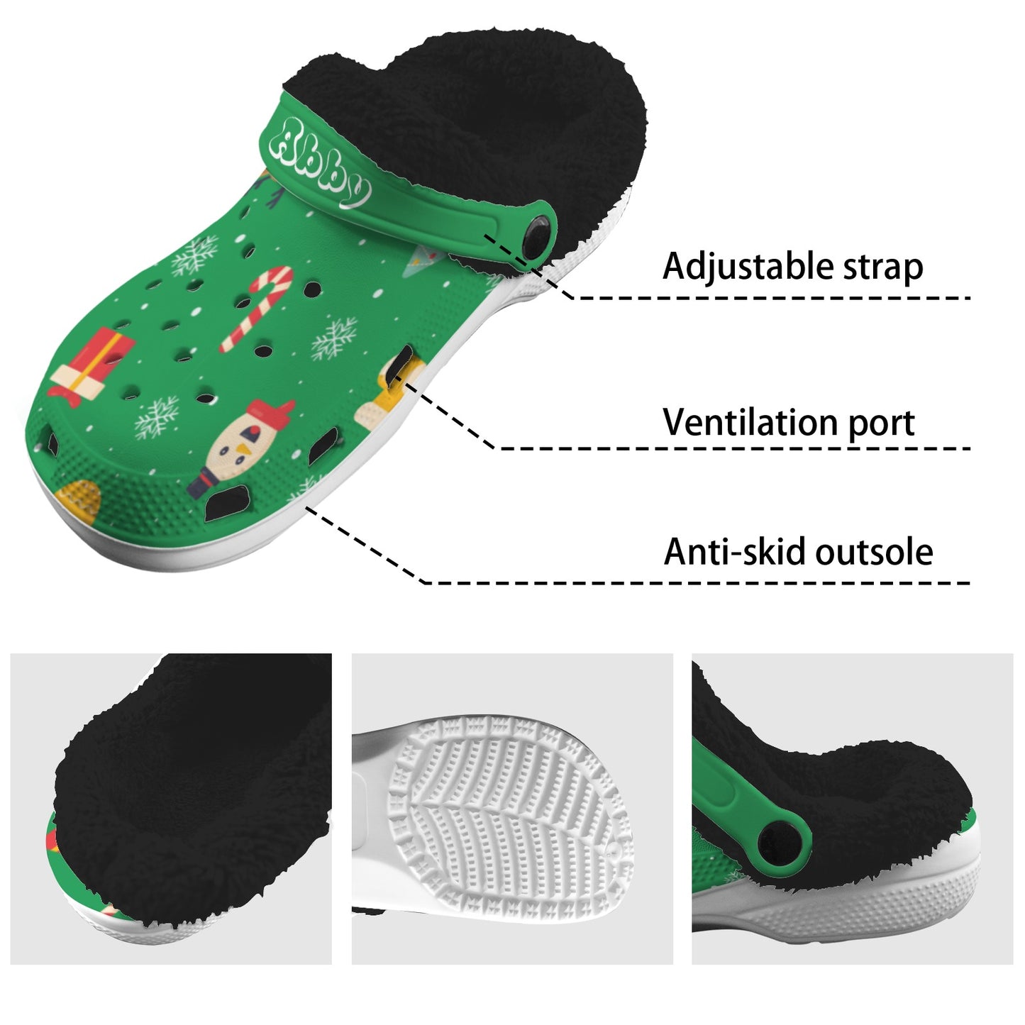 Christmas green- black fleece Fleece Lined Foam Clogs for Adults