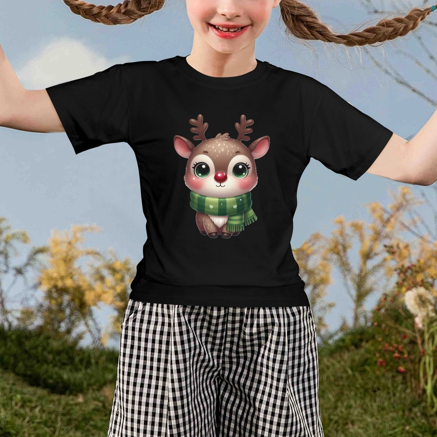 Reindeer Kids' Christmas Black T-Shirt