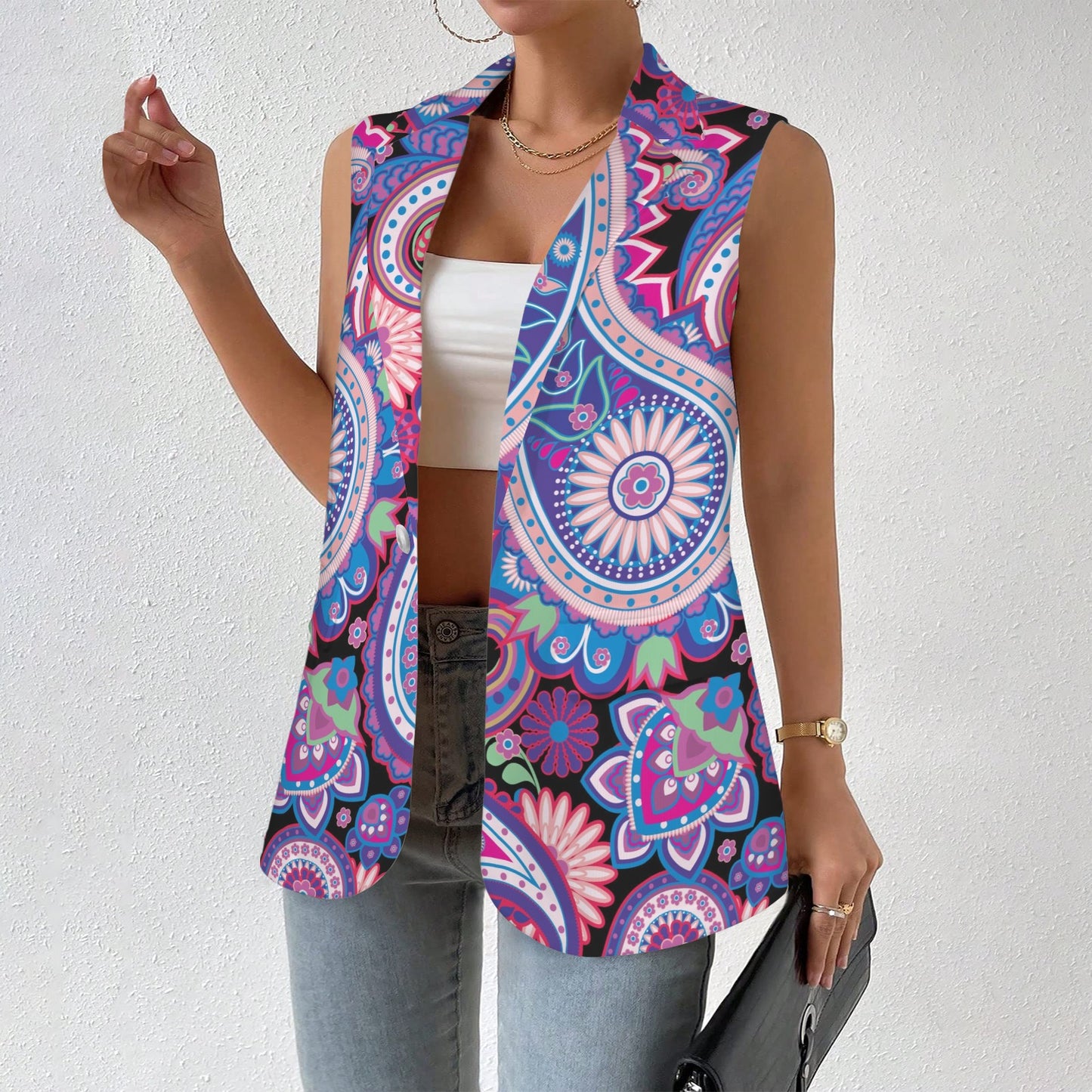 Traditional Asian Paisley Women's Sleeveless Purple Floral Blazer