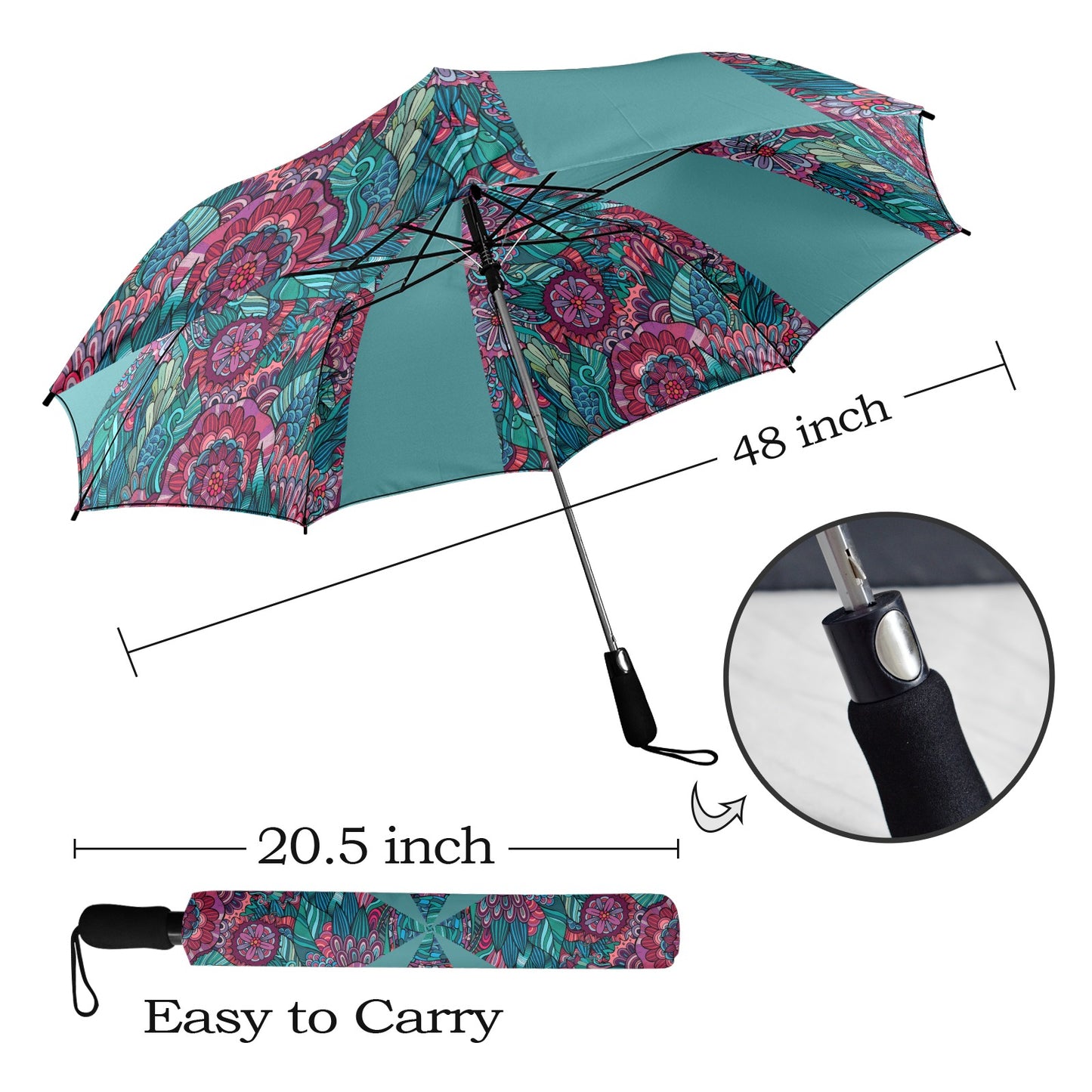 Floral Oriental Teal Semi-Automatic Foldable Umbrella