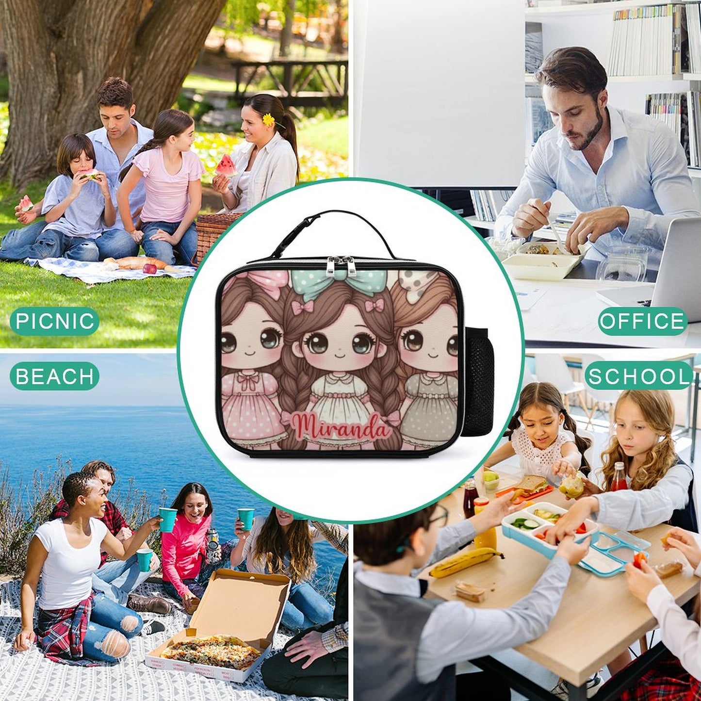 Cute girls Lunch Bag with Detachable Buckled Handle, Personalized