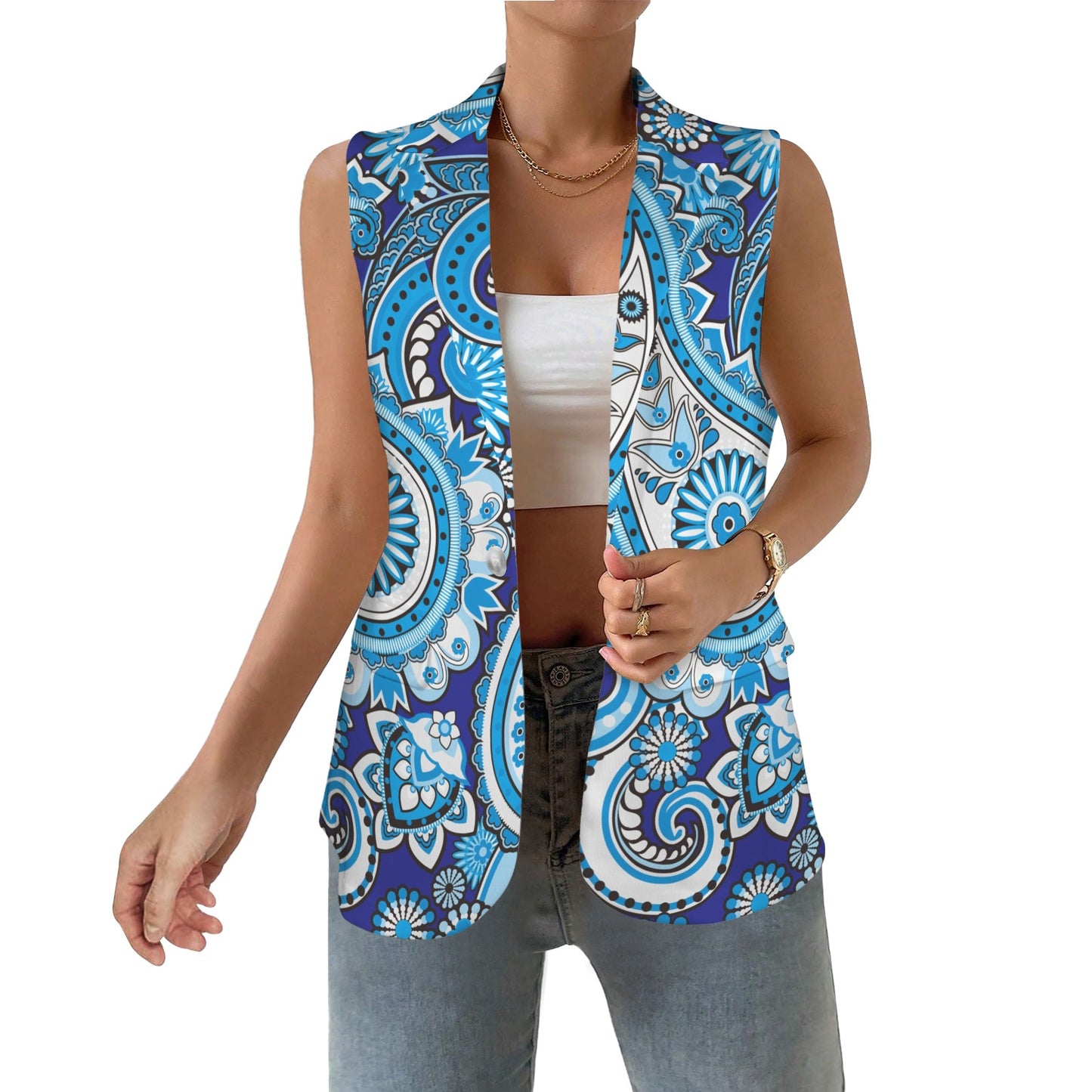 Traditional Asian elements Paisley Women's Sleeveless Blue Blazer