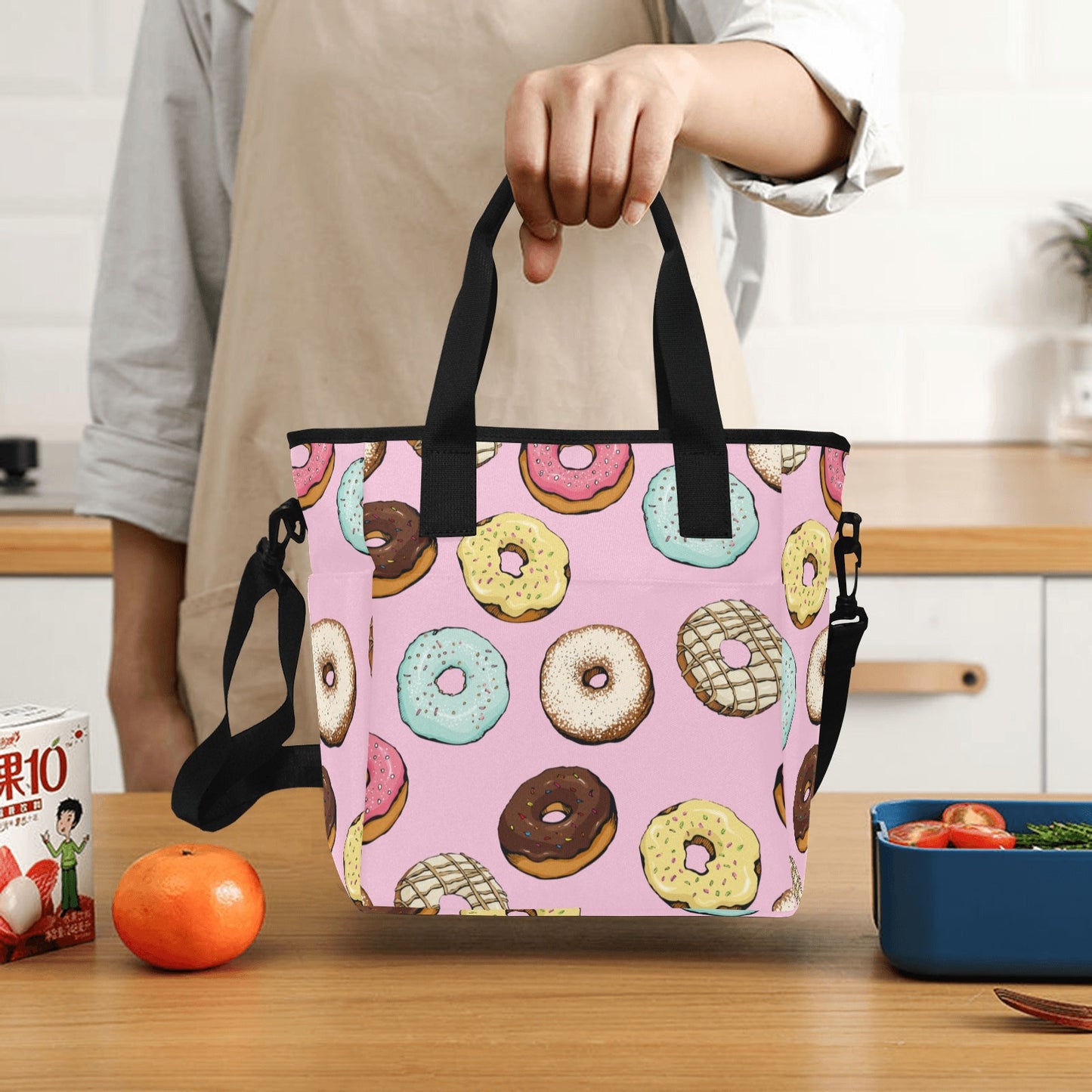 Donut Pattern Insulated Tote Bag with Shoulder Strap