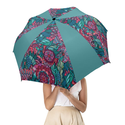 Floral Oriental Teal Semi-Automatic Foldable Umbrella