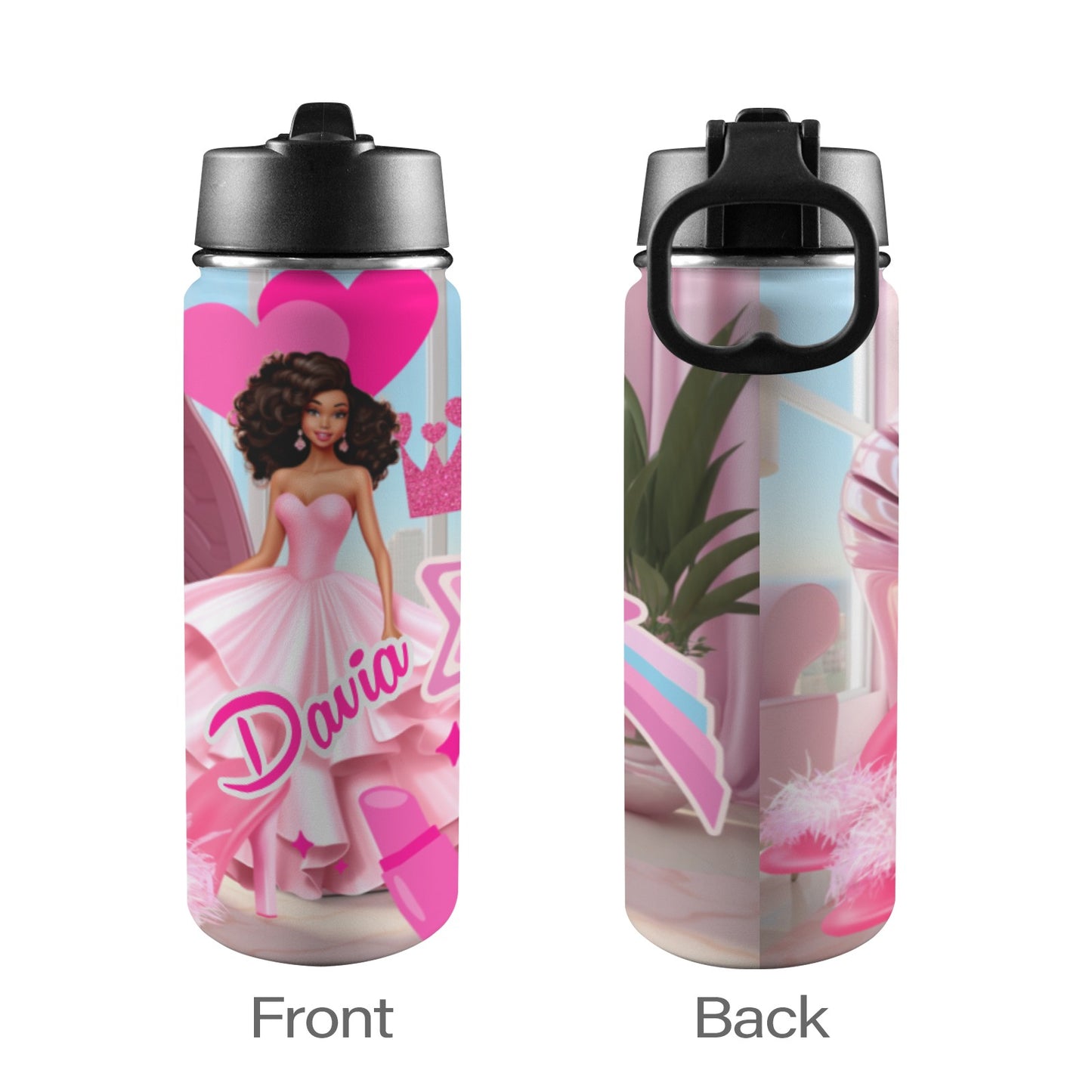 Personalized Black Girl Backpack, Pink Backpacks, school Bags/12 oz and 18 oz Insulated Water bottle