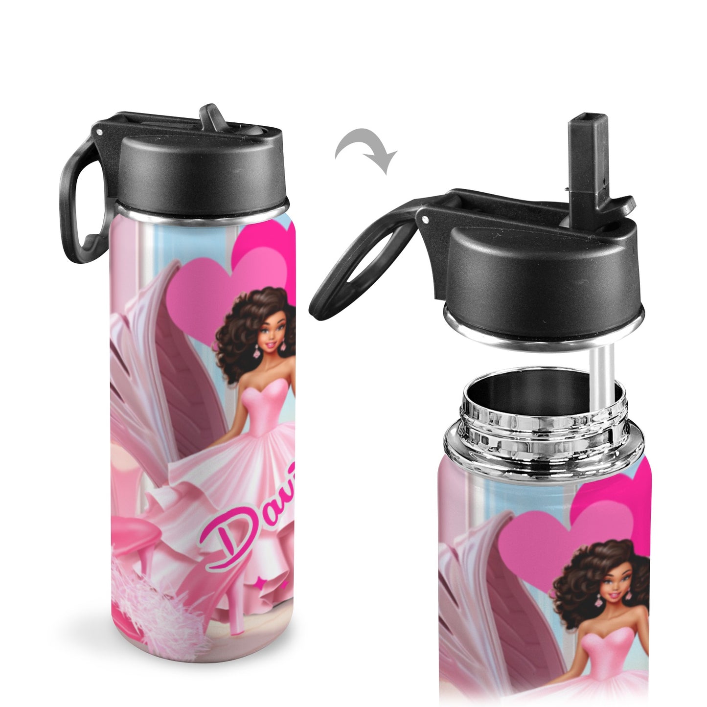 Personalized Black Girl Backpack, Pink Backpacks, school Bags/12 oz and 18 oz Insulated Water bottle