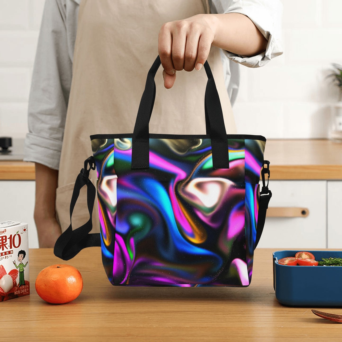 Blurred Abstract Pattern Insulated Tote Bag with Shoulder Strap