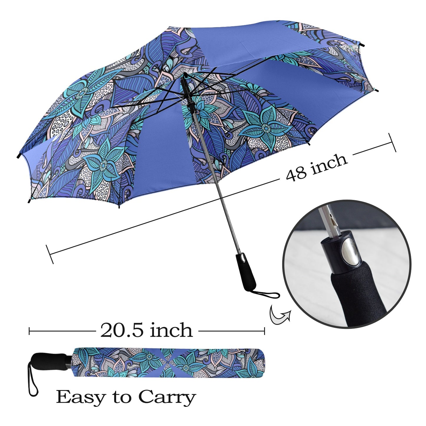 Floral Oriental Blue Semi-Automatic Foldable Umbrella