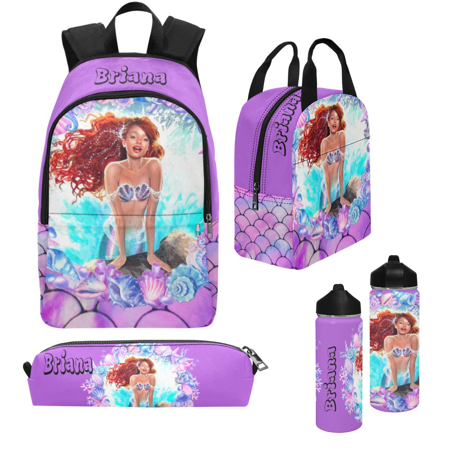 Personalized Mermaid Backpack set, Black Mermaid school bag, Lunch bag, Water bottle, pencil pouch, Black Ariel Backpack, back to school