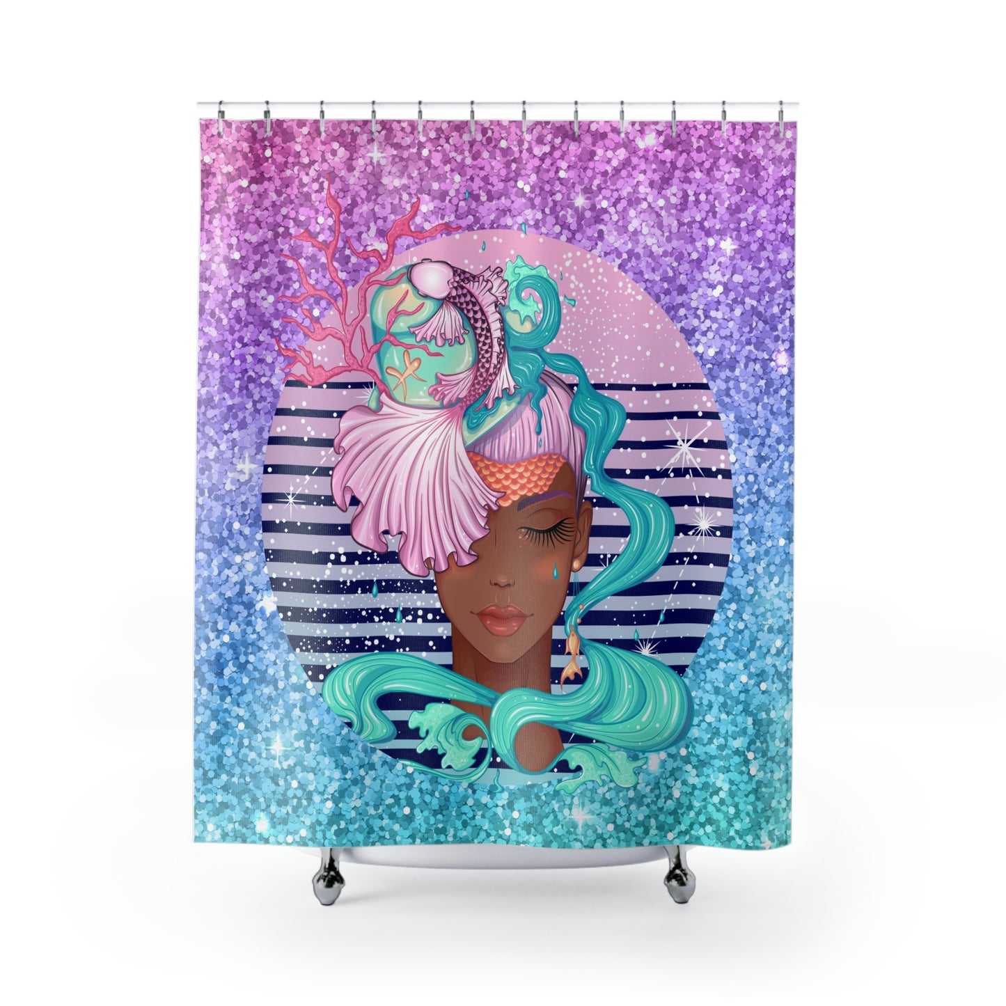 Pisces African American Girl Shower Curtains 71" x74", Horoscope Polyester Shower Curtain