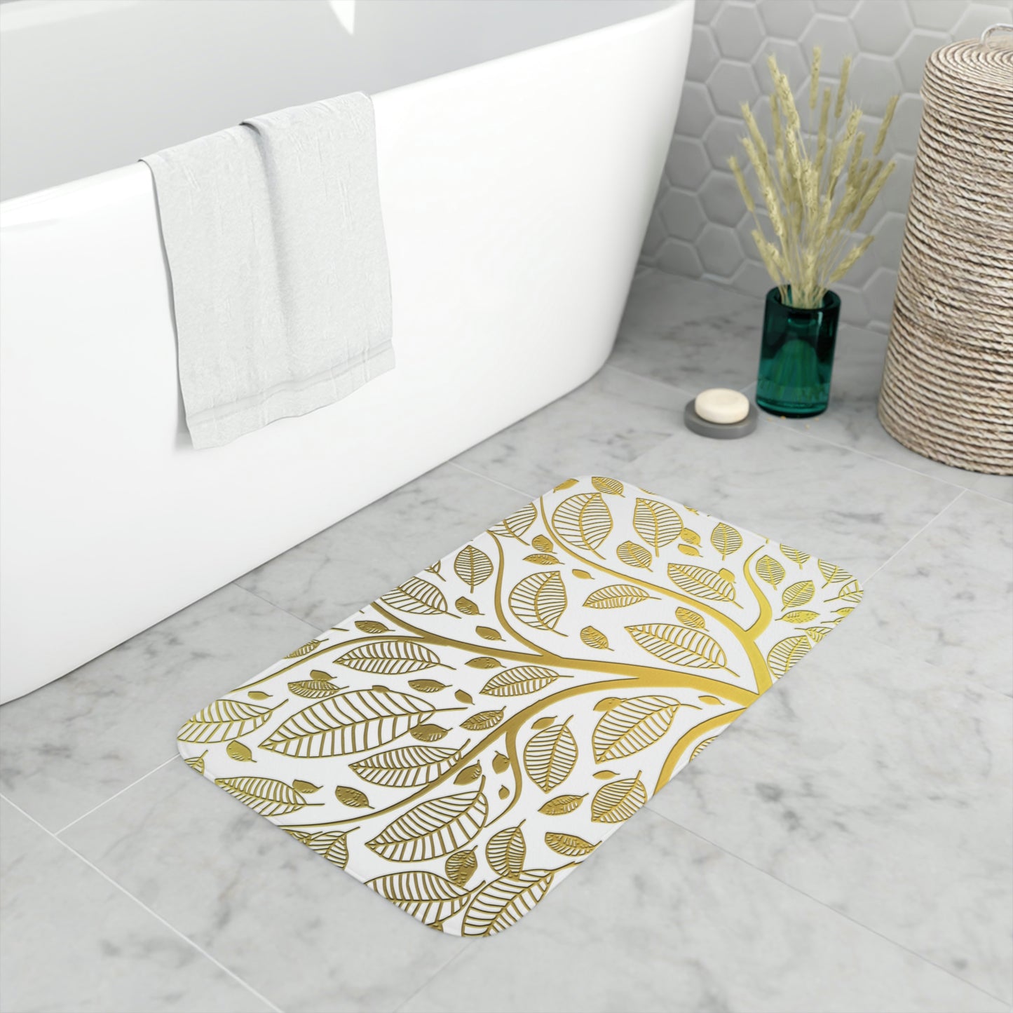 Bathmat, White and Gold Bathroom Mat, Tree of Life Bathroom Mat