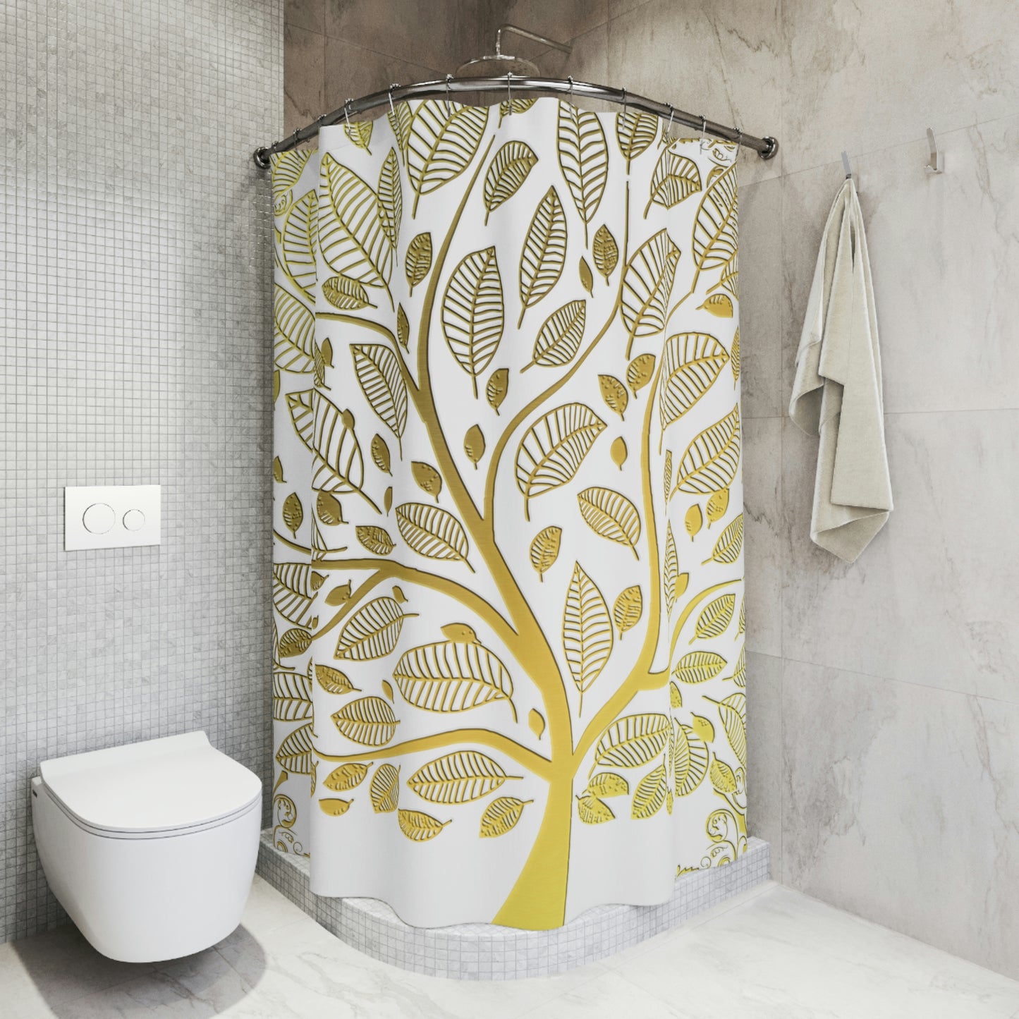 Shower Curtain, White and Gold Shower curtain, Tree of Life Polyester Shower Curtain