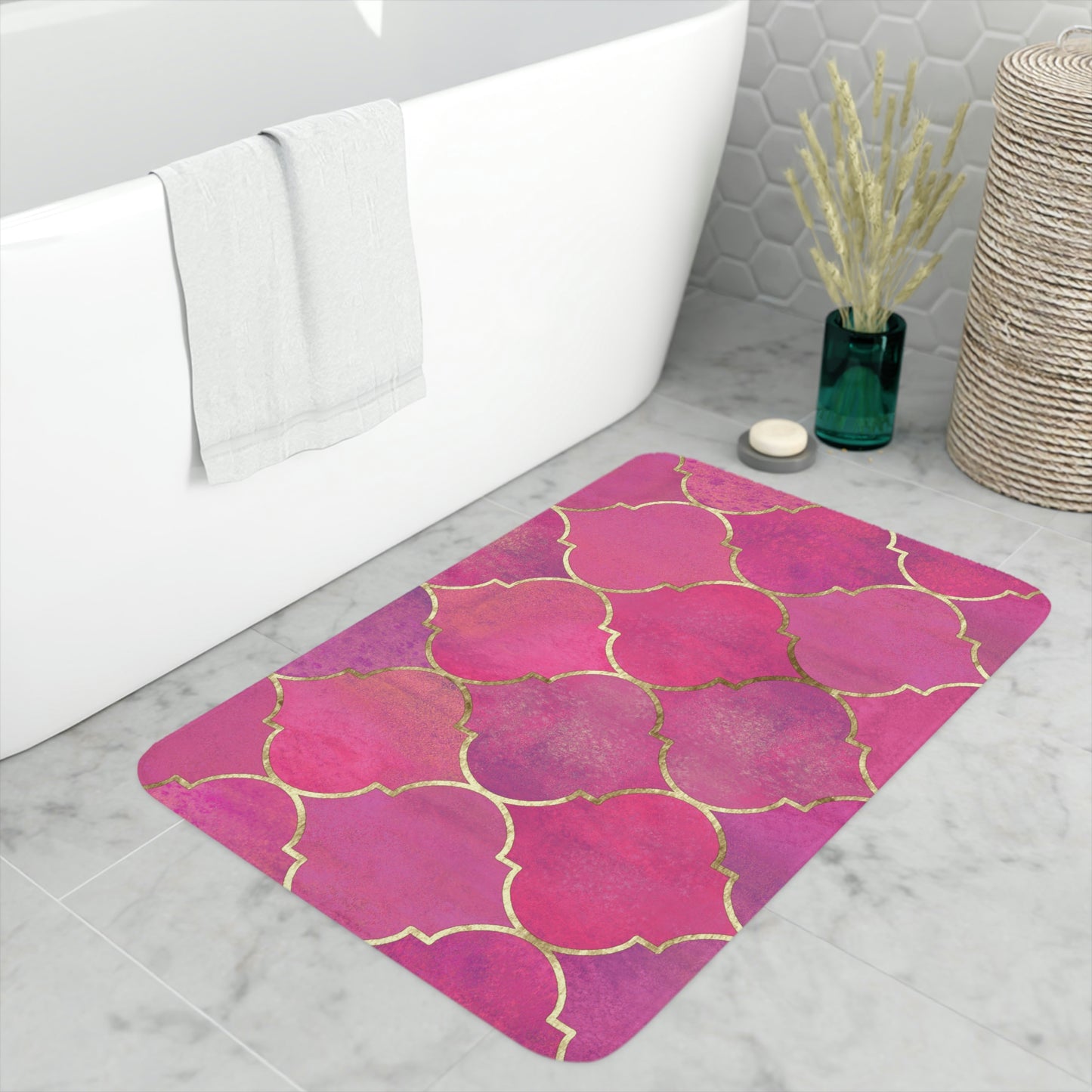 Bath Mat, Pink and Gold Moroccan Bathroom  Mat