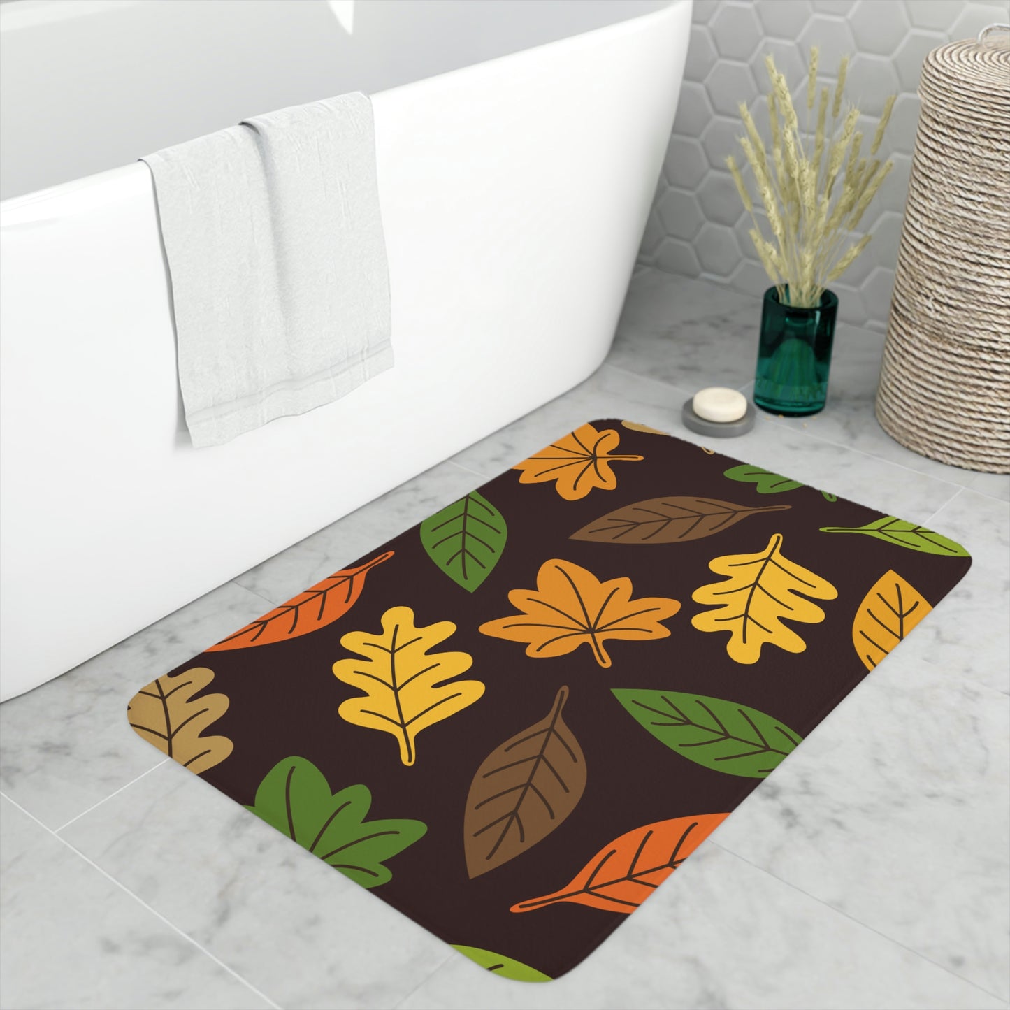 Bath Mat, Autumn Leaves Bathroom  Mat, Leaf Pattern