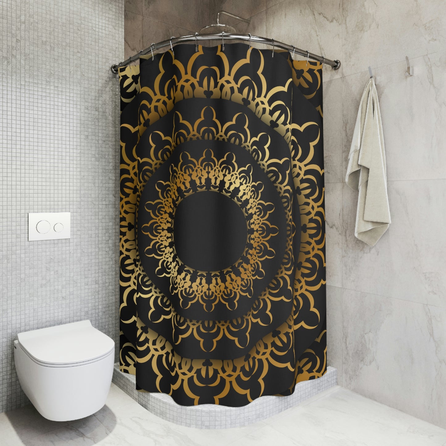 Shower Curtain, Black and Gold Mandala Shower curtain, Polyester Shower Curtain