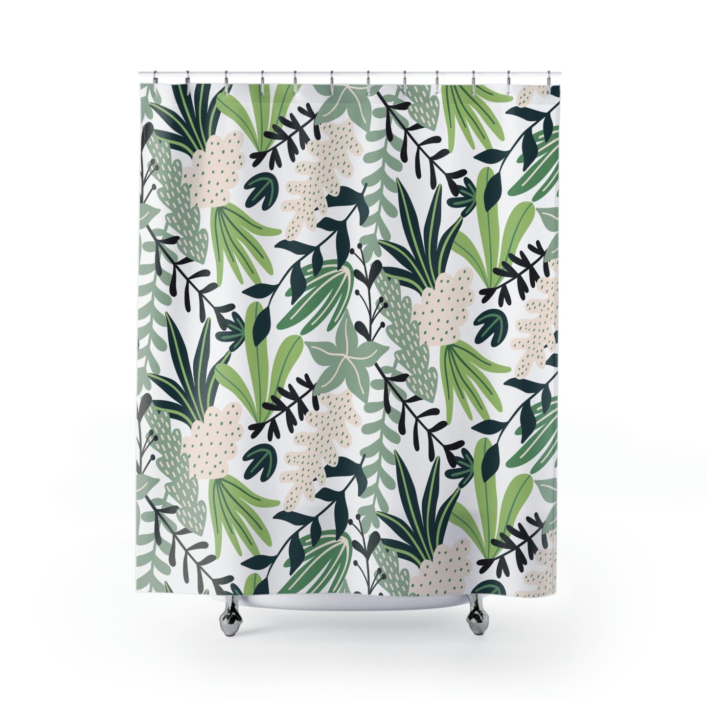 Tropical Green Leaves and Flowers Shower Curtains 71"x74", Floral Polyester Shower Curtain