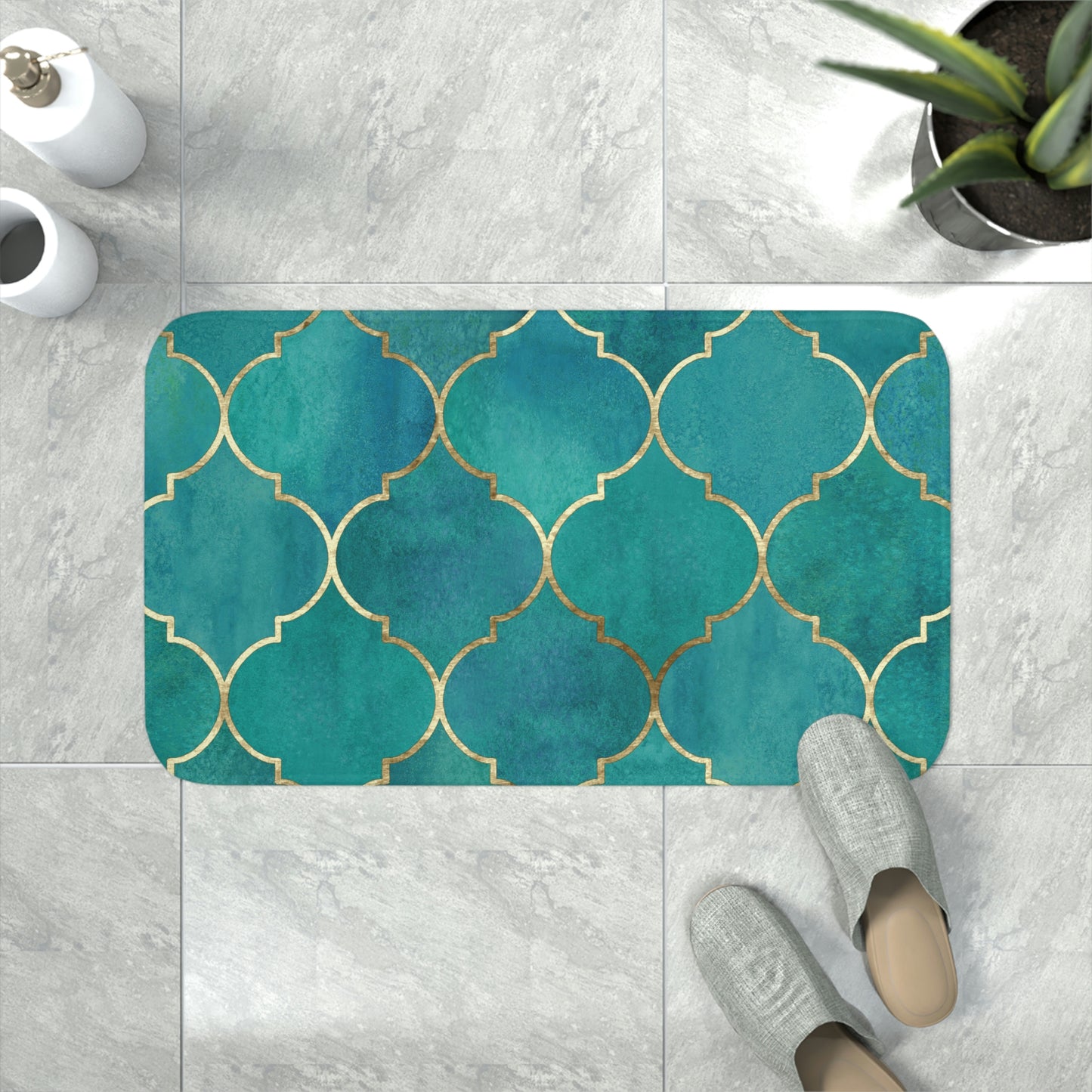 Bath Mat, Green and Gold Moroccan Bathroom  Mat