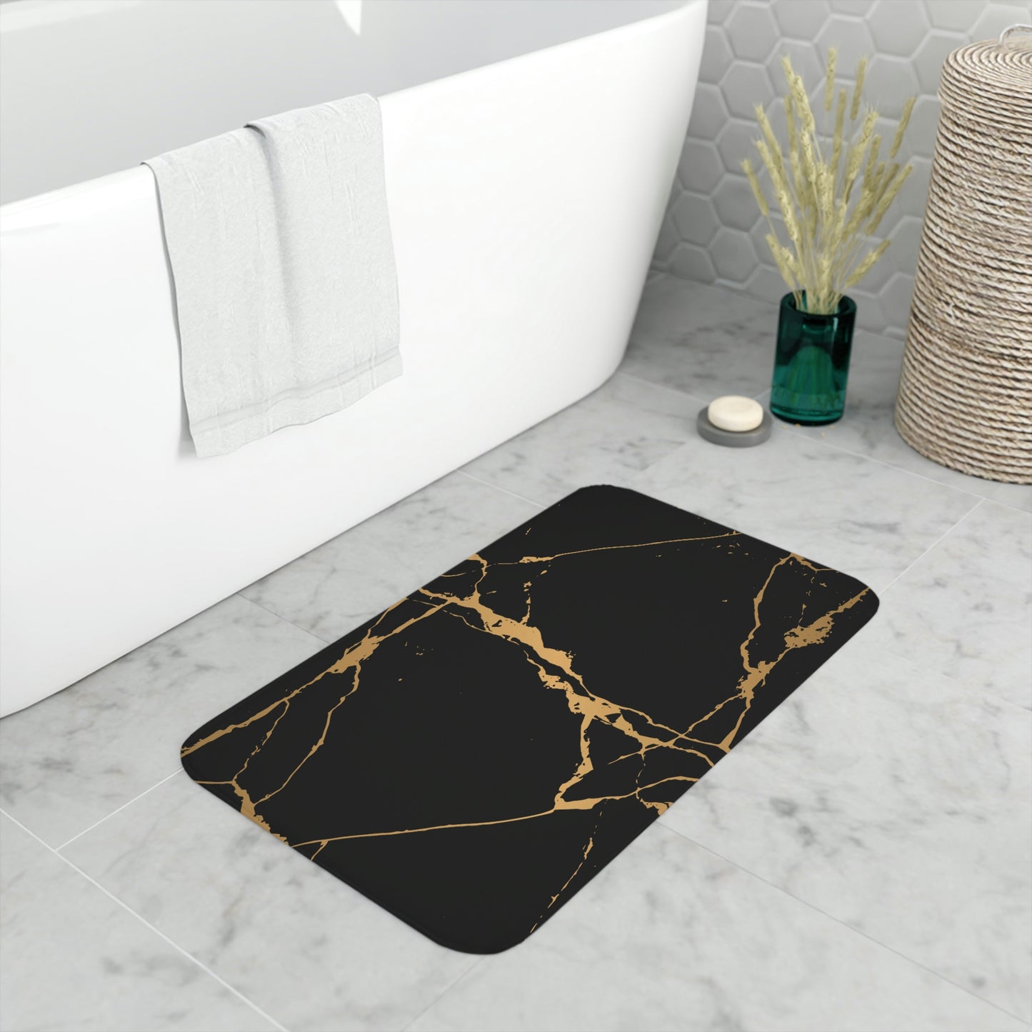 Bath Mat, Black and Gold Marble Bathroom Mat