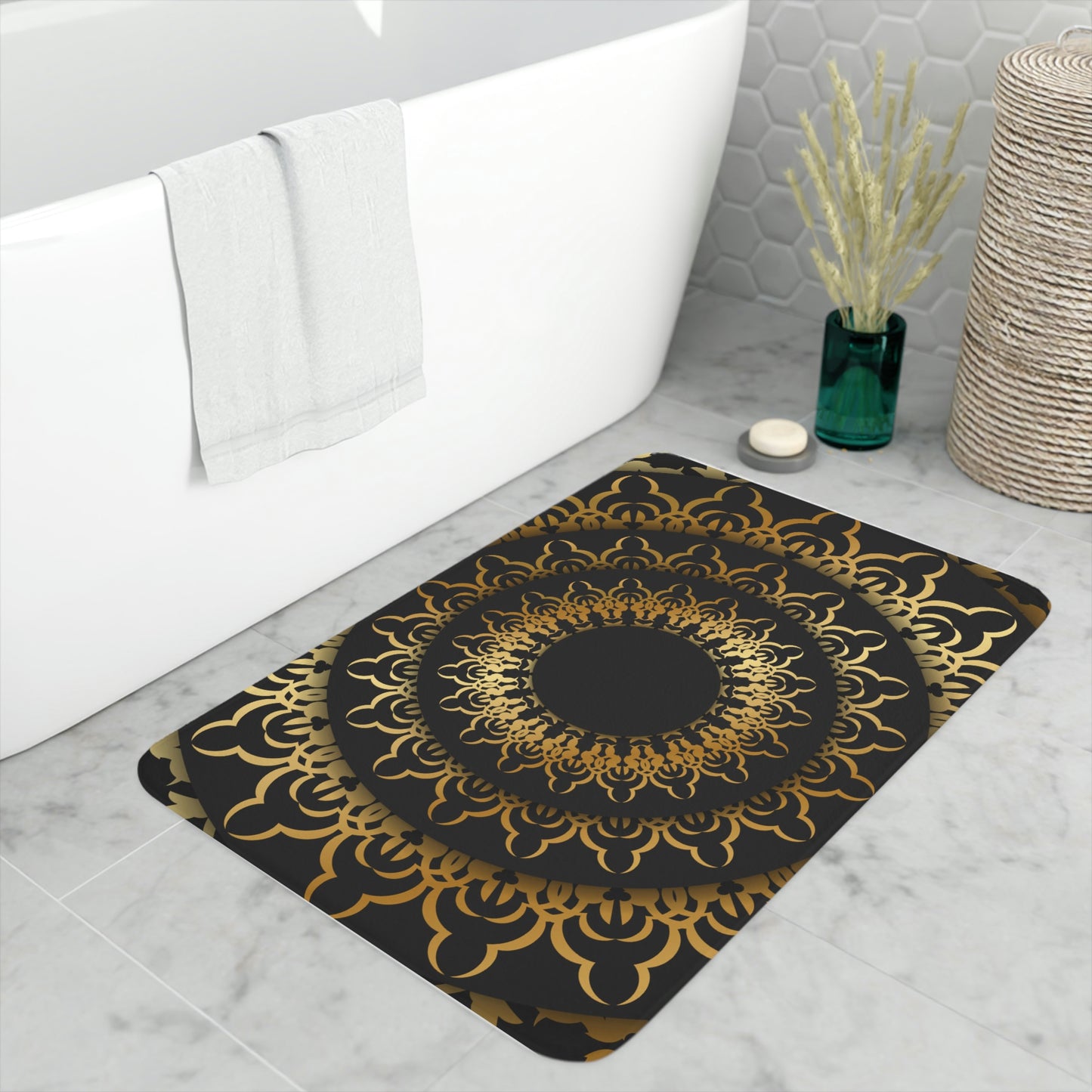 Bath Mat,  Black and Gold Mandala Bathroom Mat