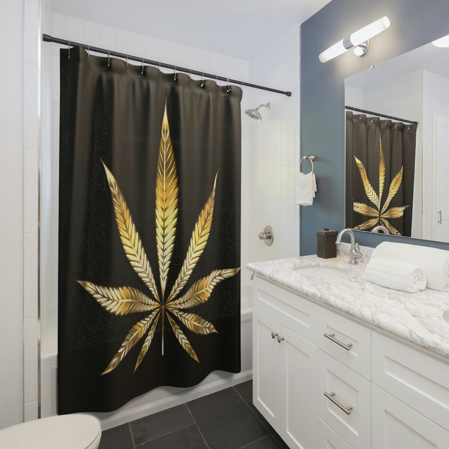 Black and Gold Cannabis Shower Curtains ,71"x74", Marijuana shower curtains, Minimalist, Luxury Shower Curtain