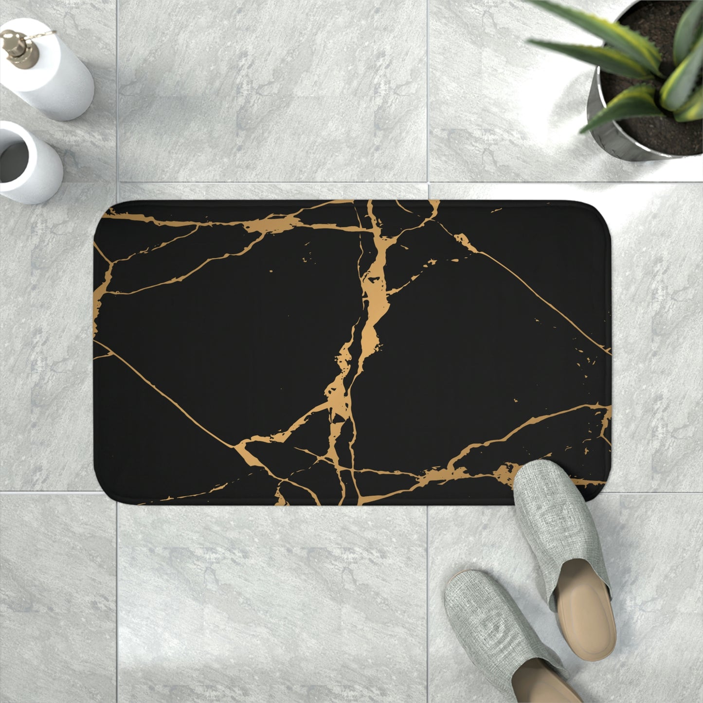 Bath Mat, Black and Gold Marble Bathroom Mat