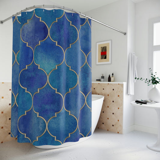 Shower Curtain, Blue and Gold Moroccan Shower curtain, Polyester Shower Curtain