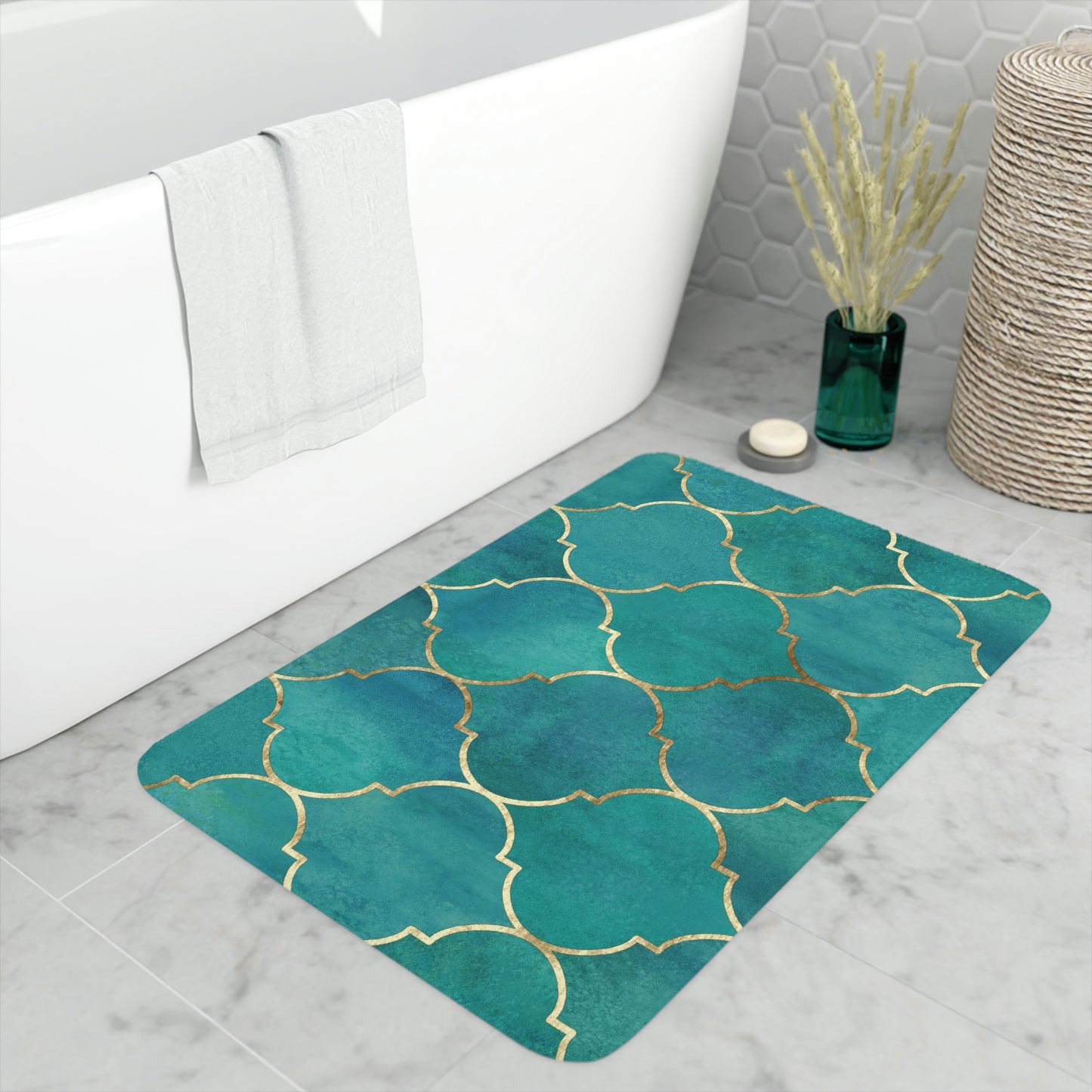 Bath Mat, Green and Gold Moroccan Bathroom  Mat