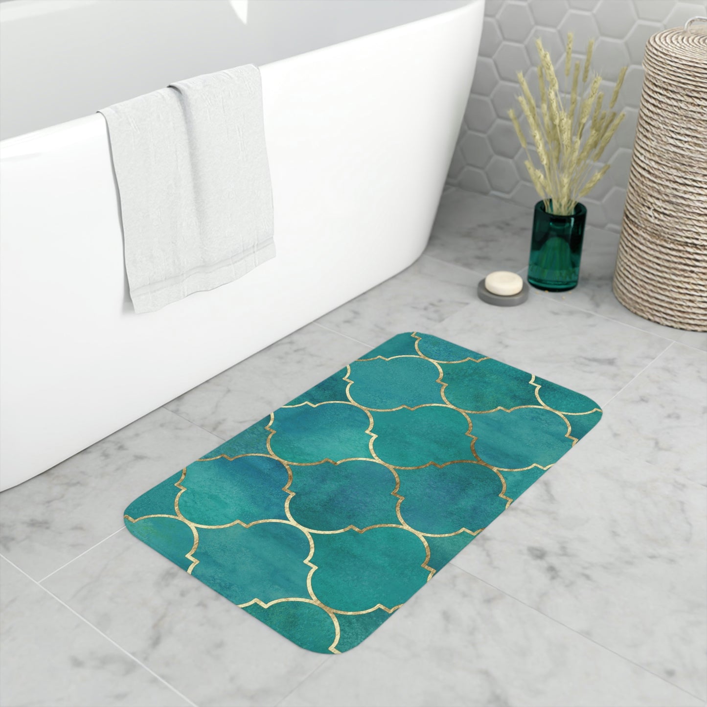 Bath Mat, Green and Gold Moroccan Bathroom  Mat