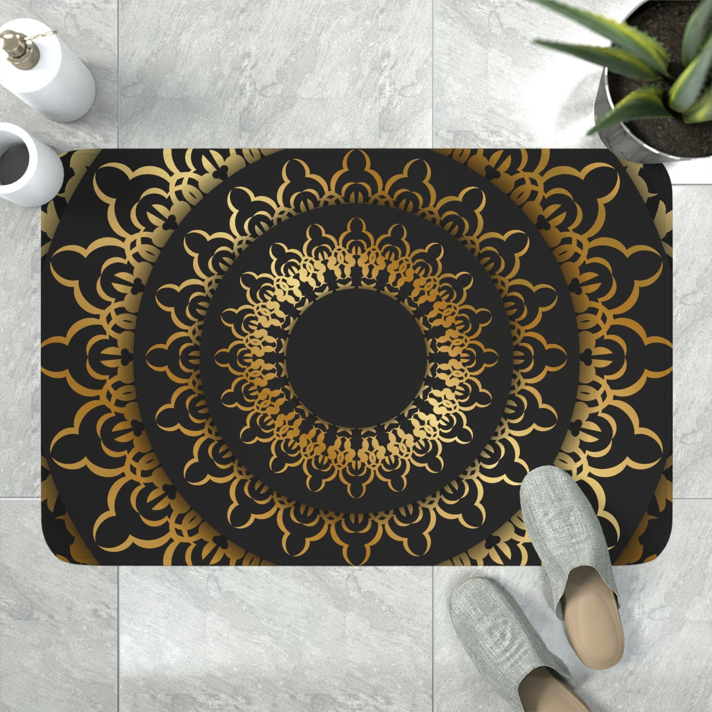 Bath Mat,  Black and Gold Mandala Bathroom Mat