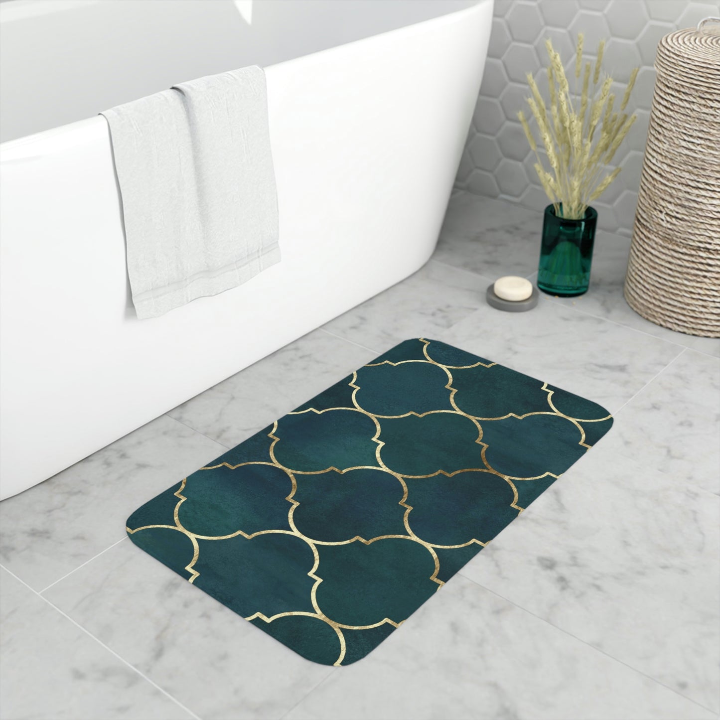 Bath Mat, Green and Gold Moroccan Bathroom  Mat