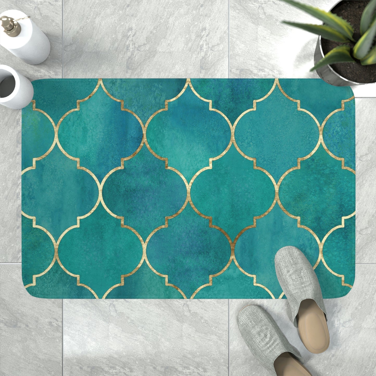 Bath Mat, Green and Gold Moroccan Bathroom  Mat