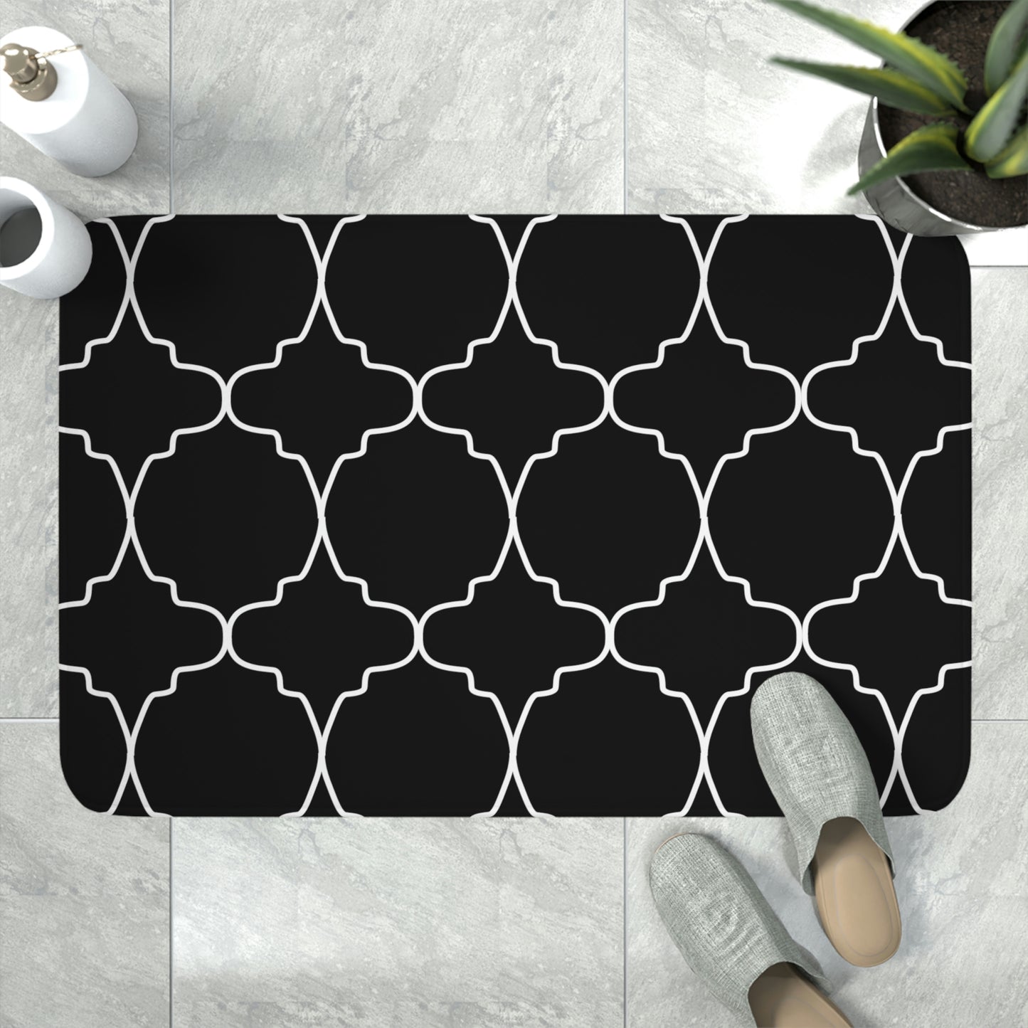 Bath Mat, Black and White Moroccan Bathroom  Mat