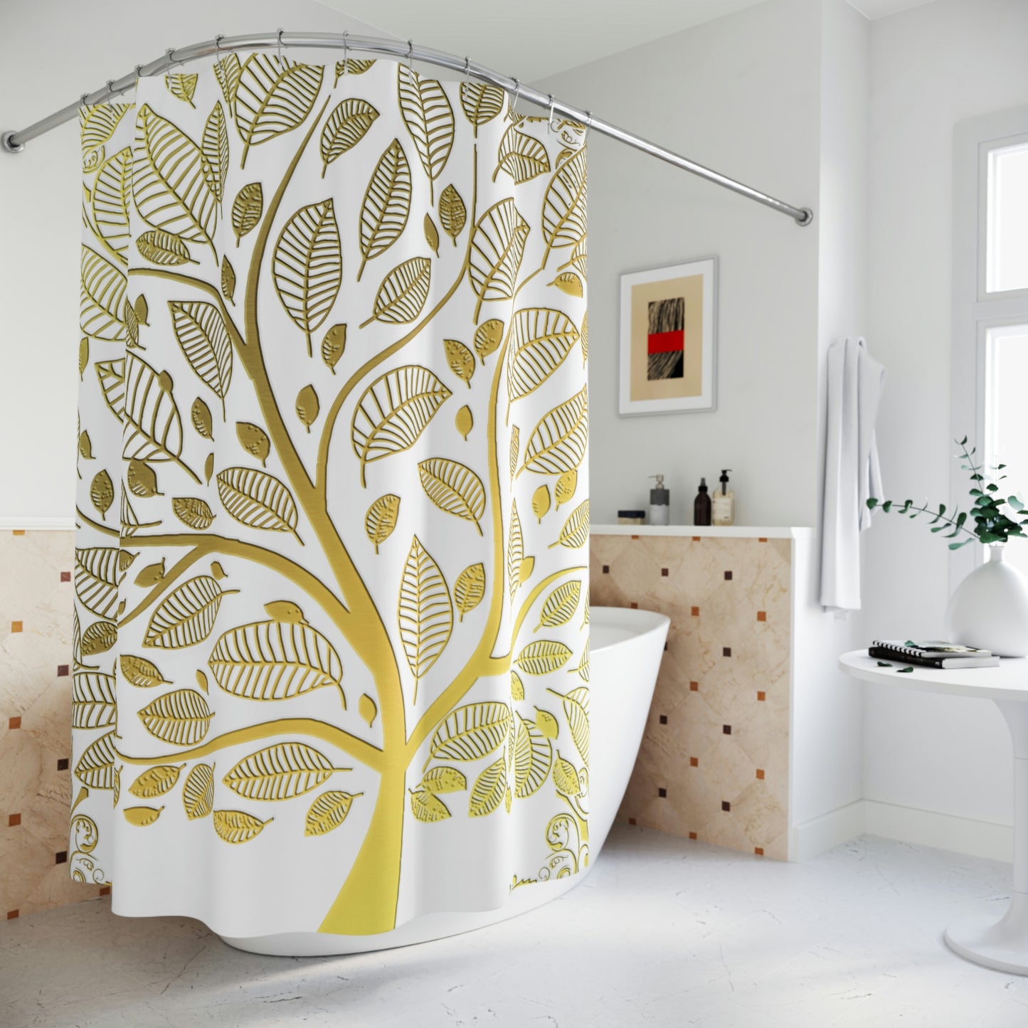 Shower Curtain, White and Gold Shower curtain, Tree of Life Polyester Shower Curtain