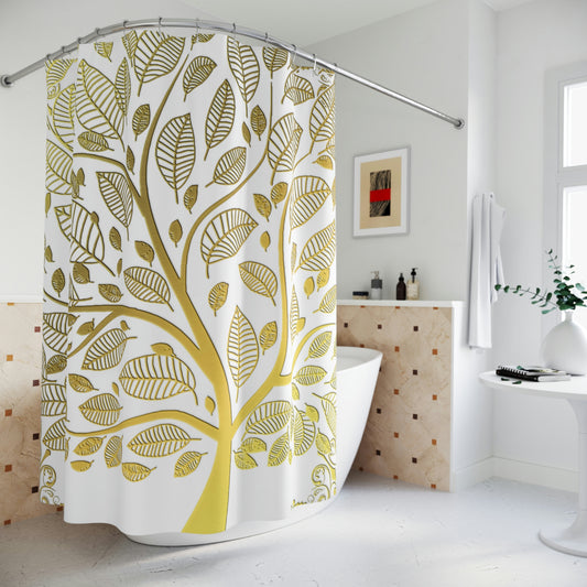 Shower Curtain, White and Gold Shower curtain, Tree of Life Polyester Shower Curtain